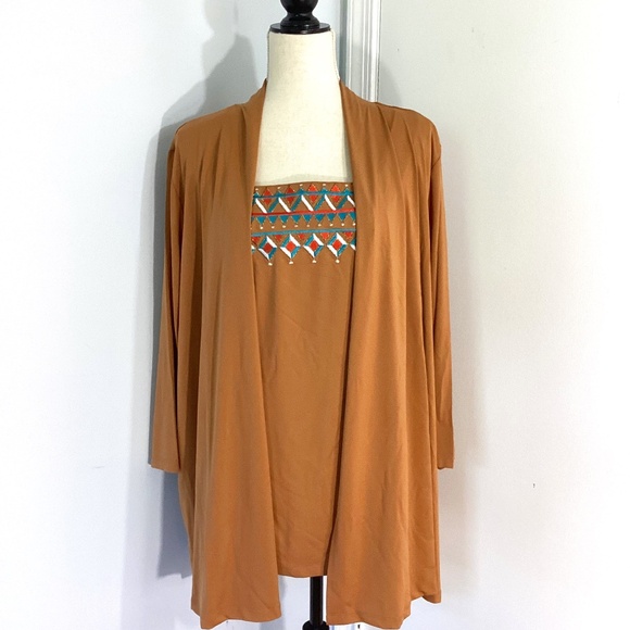 NWT VTG BOB MACKIE WEARABLE ART SOUTHWESTERN CARAMEL EMBROIDERY CARDIGAN & TANK - Picture 1 of 10